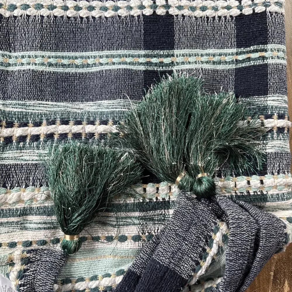 Anthropologie Plaid Sweetheart Throw Blanket Tassels Green Gold Accents 50x60”